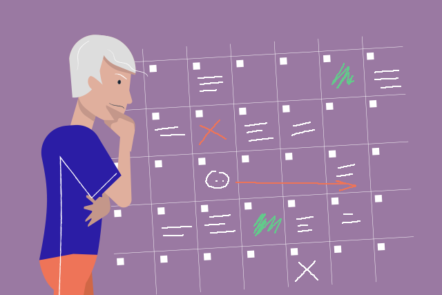 Illustration adulte réfléchissant devant un calendrier